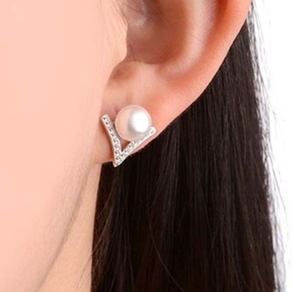 Silver V-shaped White Pearl & CZ Stud Earrings - Picture 1 of 7